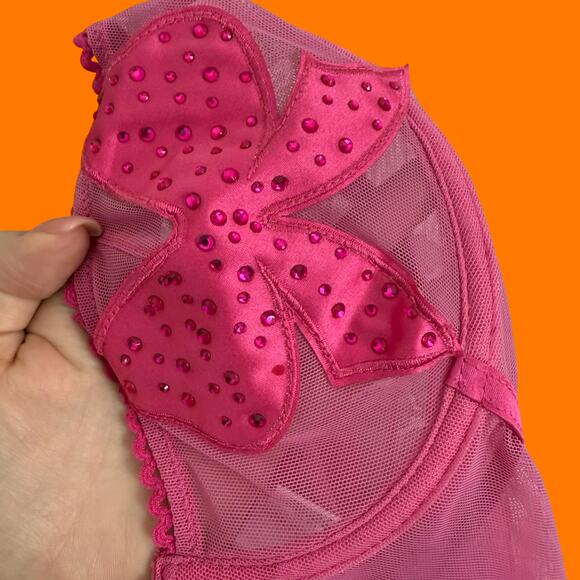 90's 00's vintage hot pink mesh mcbling corset babydoll y2k lingerie bustier L - Picture 7 of 9